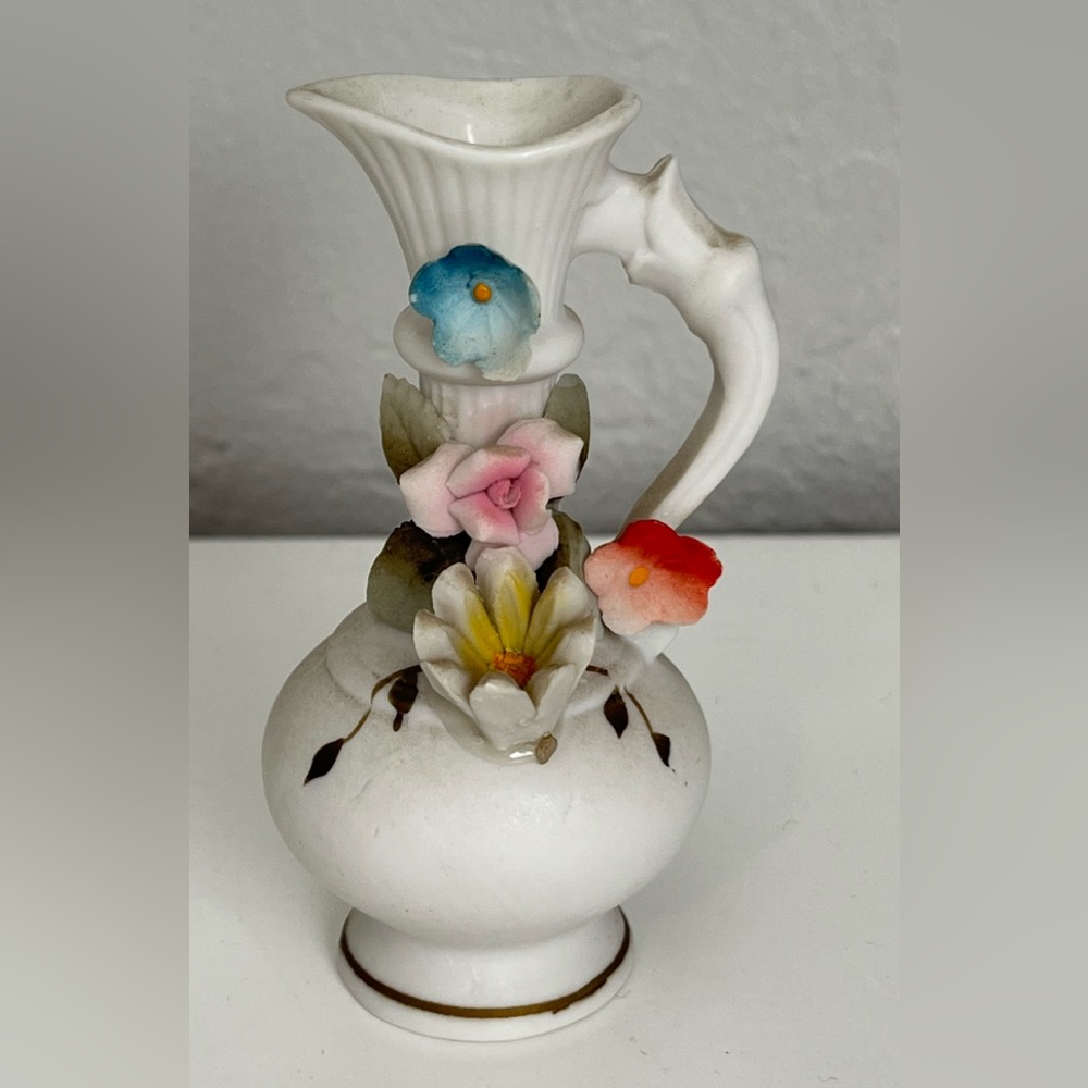 Vintage Bisque Miniature Vase Pitcher Floral 3D Applied Flowers Japan 3-3/4” T